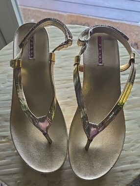 Prada Iridescent Metallic Gold T-Strap Sandals